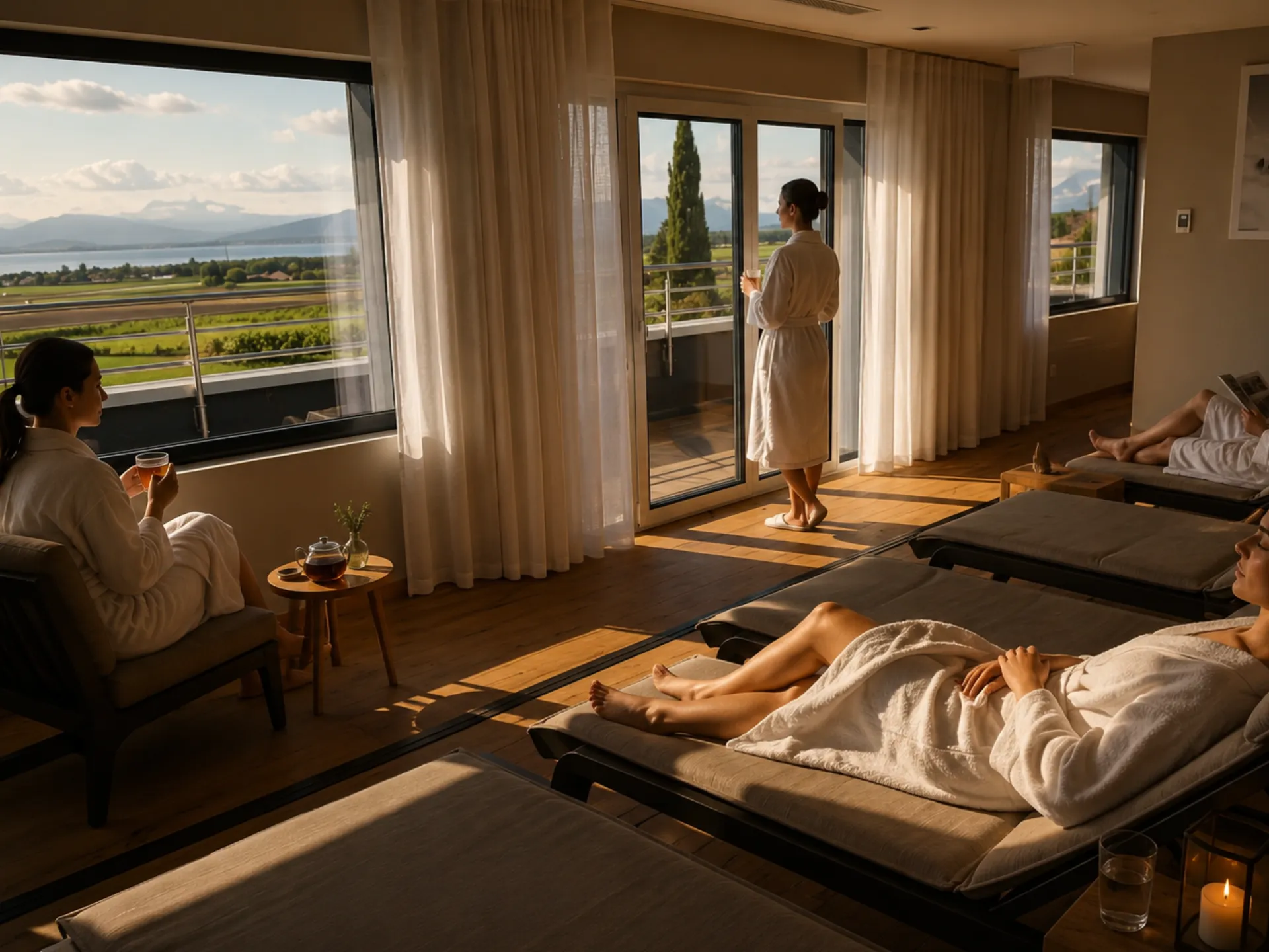 Salle de repos du Spa Everness — transats face au lac Léman